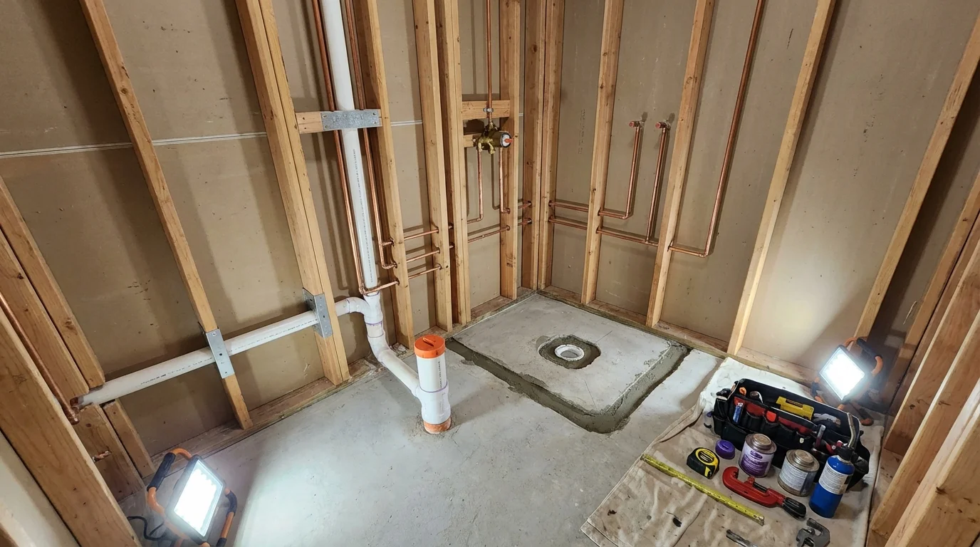 Bathroom rough-in plumbing during remodel by Johns Plumbing LLC in Bay City