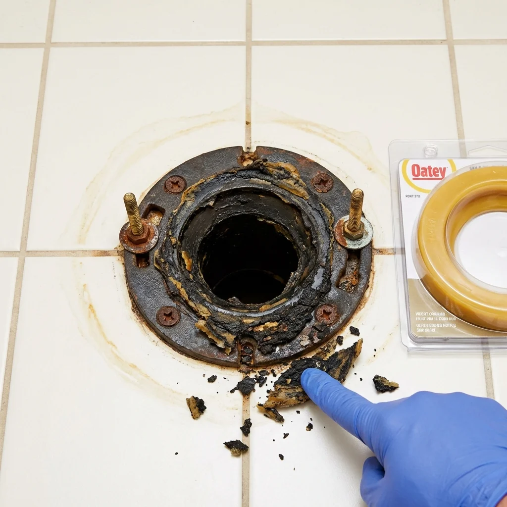 Failed wax ring showing water seepage at the base of a toilet in a Bay City, MI home