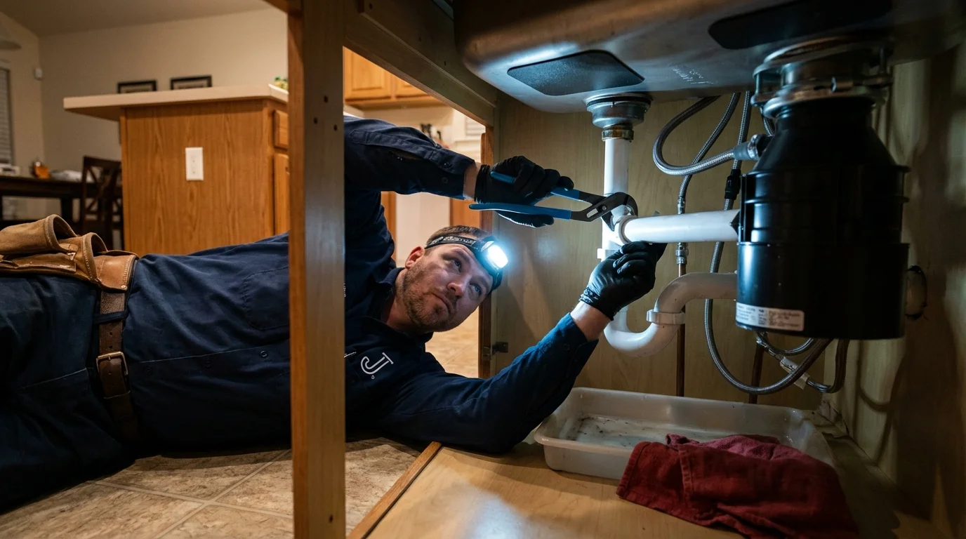 P-trap and supply line connections under a kitchen sink showing a common leak point in Bay City, MI